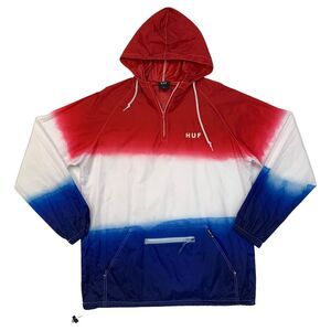 Huf Windbreaker Mens L Large Red White Blue Water Resistant Nylon Rain Hooded